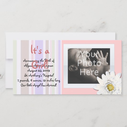 Pink Daisy Custom Photo Card Baby aankondiging (Voorkant)