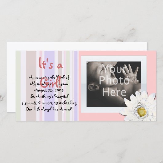 Pink Daisy Custom Photo Card Baby aankondiging (Voorkant / Achterkant)