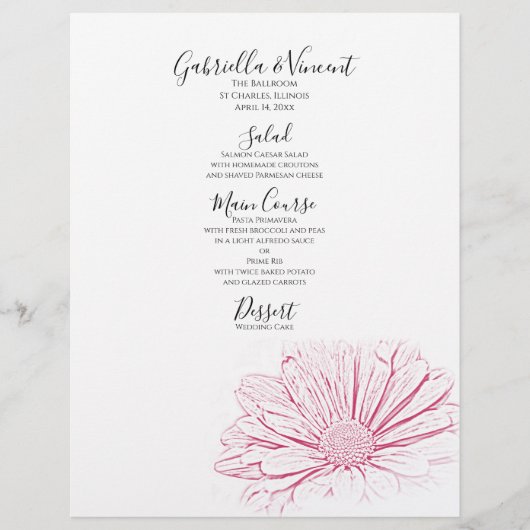 Pink Daisy Effect Floral Wedding Menu (Voorkant)