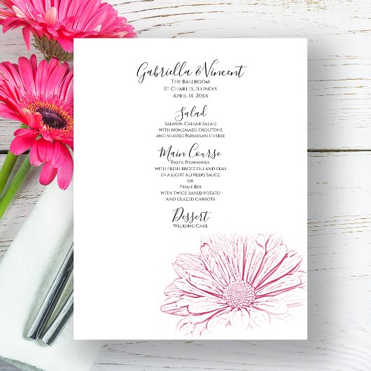Pink Daisy Effect Floral Wedding Menu