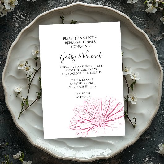 Pink Daisy Effect Floral Wedding Rehearsal Dinner Kaart