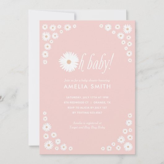 Pink Daisy Floral Boho Baby shower Uitnodiging (Voorkant)