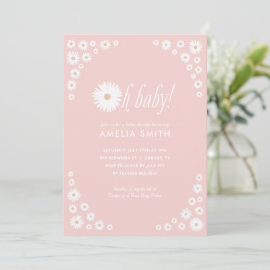 Pink Daisy Floral Boho Baby shower Uitnodiging (Staand voorkant)