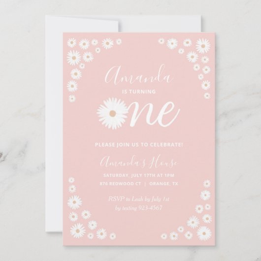 Pink Daisy Floral Boho First Birthday Invitation Kaart (Voorkant)