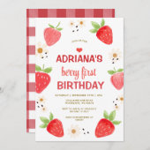 Pink Daisy Floral Gingham Berry First Birthday Kaart (Voorkant / Achterkant)