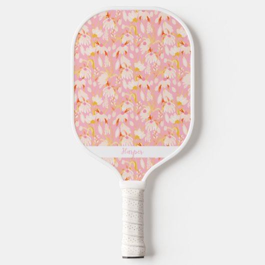 Pink Daisy Floral Pattern Personalized Name Cute Pickleball Paddle (Voorkant)