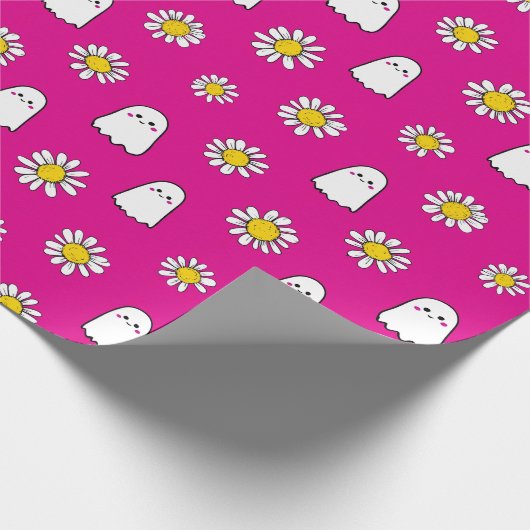 Pink Daisy Ghost Halloween Cadeaupapier (Hoek)