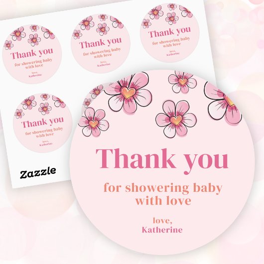 Pink Daisy Girl Baby Shower Thank You  Ronde Sticker