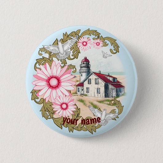 Pink Daisy Lighthouse pin-knop Ronde Button 5,7 Cm (Voorkant)