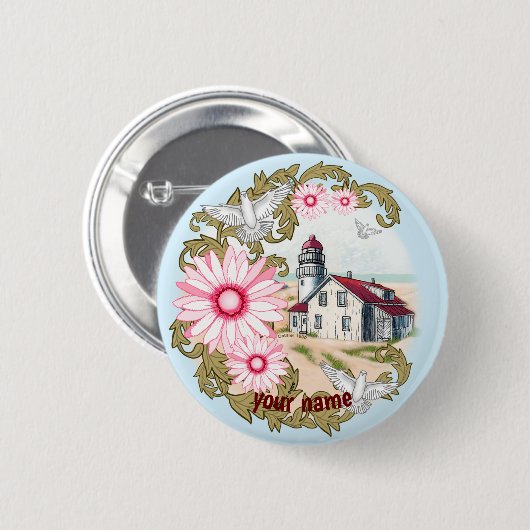 Pink Daisy Lighthouse pin-knop Ronde Button 5,7 Cm (Voorkant /achterkant)
