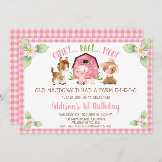 Pink Daisy Oink Baa Moo Boerderij 1e verjaardag Kaart (Voorkant / Achterkant)