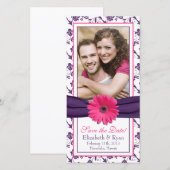 Pink Daisy Paars Floral Ribbon Weduwsdatum Save The Date (Voorkant / Achterkant)