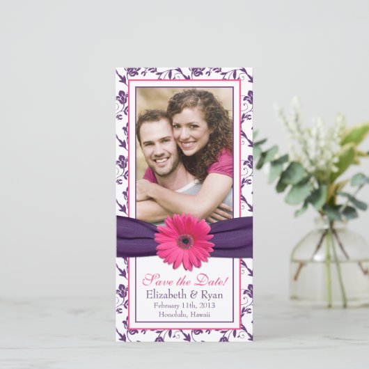 Pink Daisy Paars Floral Ribbon Weduwsdatum Save The Date (Staand voorkant)