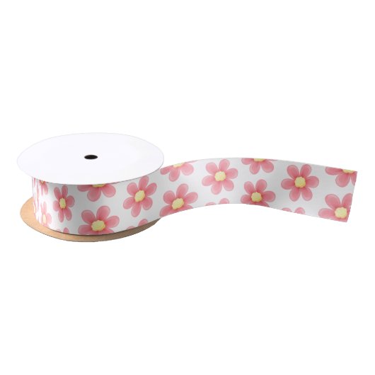 Pink Daisy Pattern Ribbon - Cute Floral Satin  Satijnen Lint (Spoel)