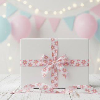 Pink Daisy Pattern Ribbon - Cute Floral Satin  Satijnen Lint