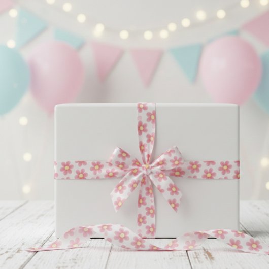 Pink Daisy Pattern Ribbon - Cute Floral Satin  Satijnen Lint