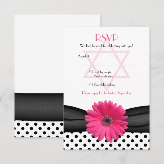 Pink Daisy Polka Dot Bat Mitzvah Reply Kaart (Voorkant / Achterkant)