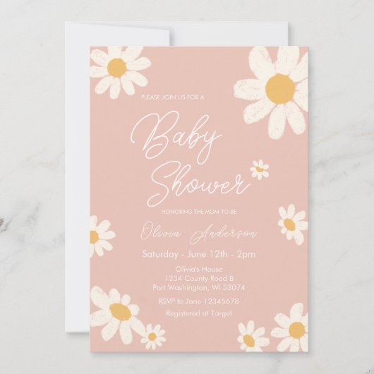 Pink Daisy Retro Boho Baby shower Kaart (Voorkant)