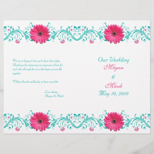 Pink Daisy Turquoise Floral Wedding Programme (Voorkant)