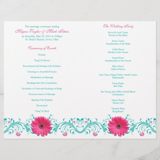 Pink Daisy Turquoise Floral Wedding Programme (Achterkant)