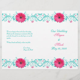 Pink Daisy Turquoise Floral Wedding Programme