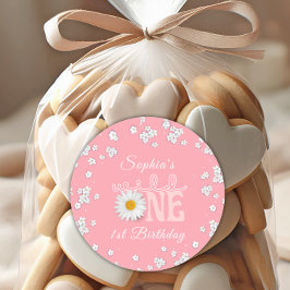 Pink Daisy Wild One 1st Birthday  Ronde Sticker