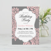 Pink Damask Birthday Party Kaart (Staand voorkant)