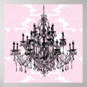 Pink Damask Chandelier Art Poster
