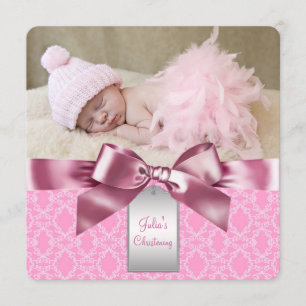 Pink Damask Christening Kaart