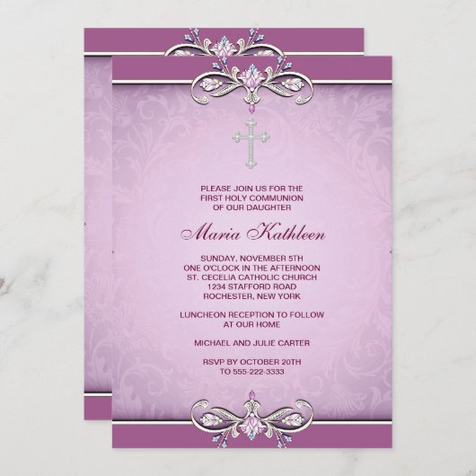 Pink Damask Cross Eerste Communie Uitnodiging (Voorkant / Achterkant)