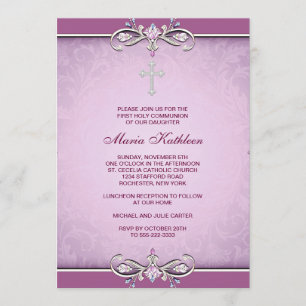 Pink Damask Cross Eerste Communie Uitnodiging