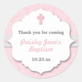 Pink Damask cross-girl baptisme voor christenen Ronde Sticker