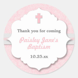 Pink Damask cross-girl baptisme voor christenen Ronde Sticker