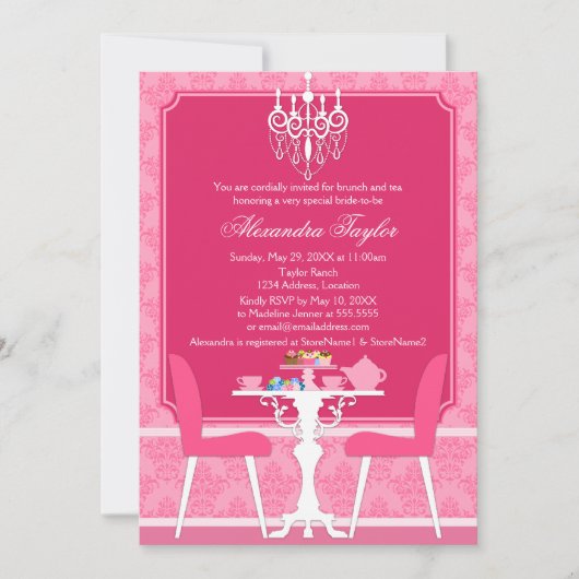 Pink Damask en Chandelier Bridal Tea Party Kaart (Voorkant)
