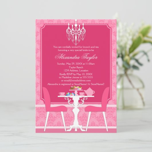 Pink Damask en Chandelier Bridal Tea Party Kaart (Staand voorkant)