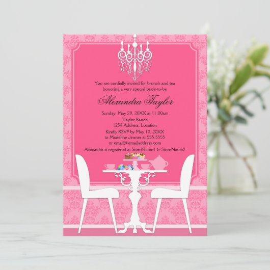 Pink Damask en Chandelier Bridal Tea Party Kaart (Staand voorkant)