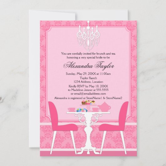 Pink Damask en Chandelier Bridal Tea Party Kaart (Voorkant)
