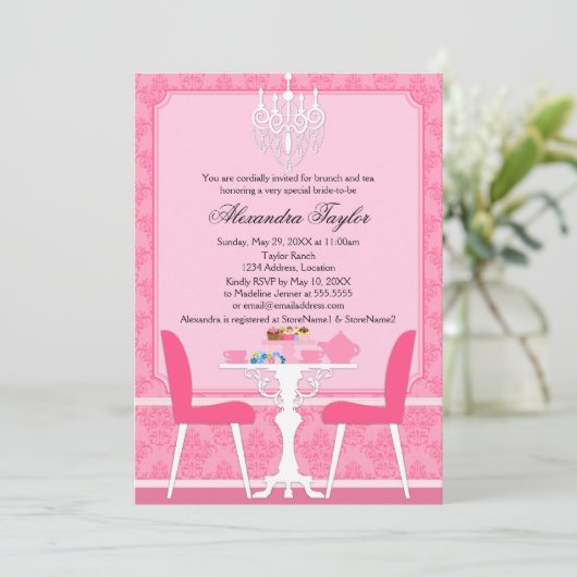 Pink Damask en Chandelier Bridal Tea Party Kaart (Staand voorkant)