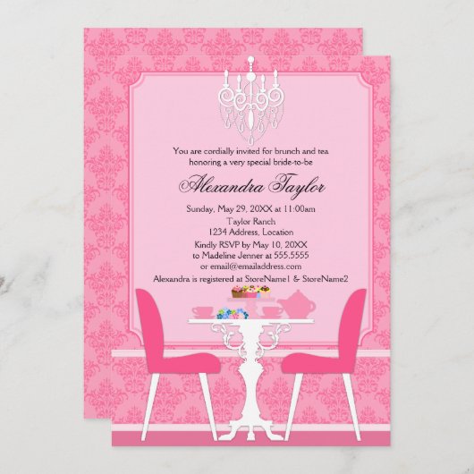 Pink Damask en Chandelier Bridal Tea Party Kaart (Voorkant / Achterkant)