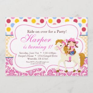Pink Damask en Polka Dot Cowgirl Birthday Party Kaart