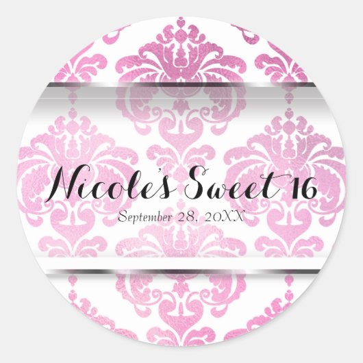 Pink Damask Glam Wedding Event Favor Ronde Sticker (Voorkant)