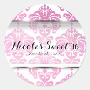 Pink Damask Glam Wedding Event Favor Ronde Sticker