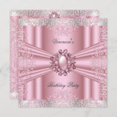 Pink Damask Lace Pearl Diamond Birthday Party Kaart (Voorkant / Achterkant)