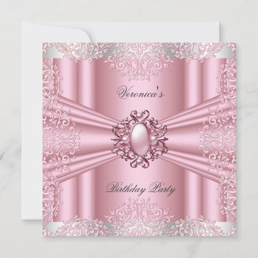 Pink Damask Lace Pearl Diamond Birthday Party Kaart (Voorkant)