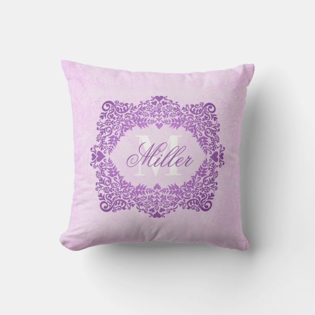 Pink Damask Monogram Naam Kussen (Voorkant)