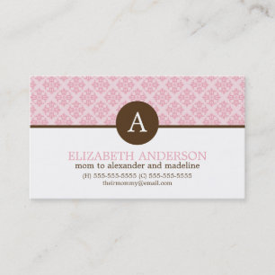Pink Damask Monogram Patroon Contactkaartje