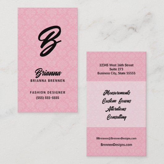 Pink Damask Monogrammed Visitekaartje (Voorkant / Achterkant)