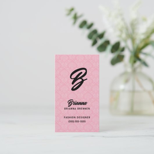 Pink Damask Monogrammed Visitekaartje (Staand voorkant)