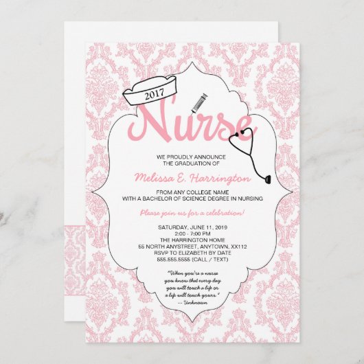 Pink Damask Nurse afstuderen pinning uitnodiging (Voorkant / Achterkant)