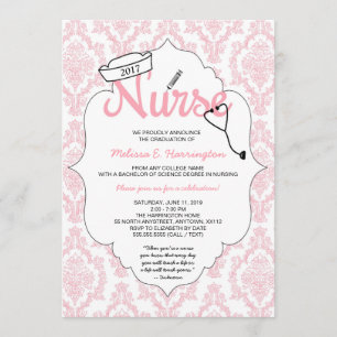 Pink Damask Nurse afstuderen pinning uitnodiging